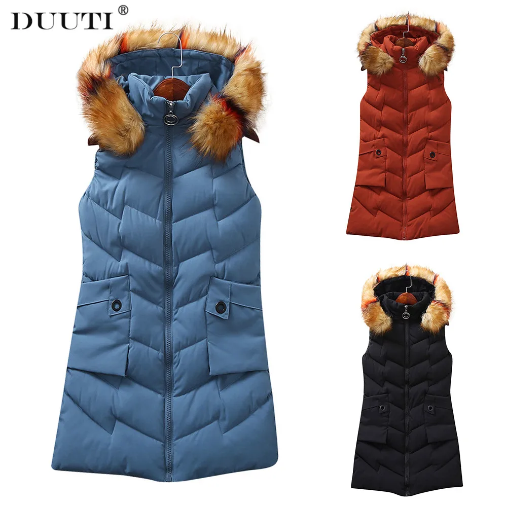 

DUUTI Autumn Winter Women Waistcoat Classic Casual Simple Detachable Cap Large Fur Collar Warm Down Cotton Padded Wild Vest D25