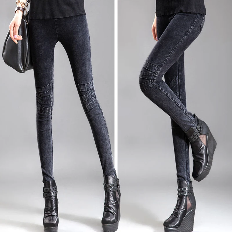 

Streetwear slim women jeans large size stretch denim pencil pants female side stripe rivet skinny pants high waist long jeans