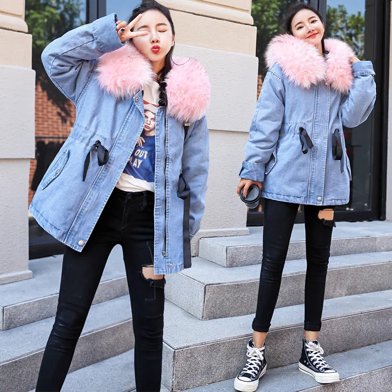 

2018 Winter Korean-style Fashion Casual Waist Hugging Large Fur Collar Hooded Rabbit Fur Cowboy Cotton-padded Clothes Women's Th