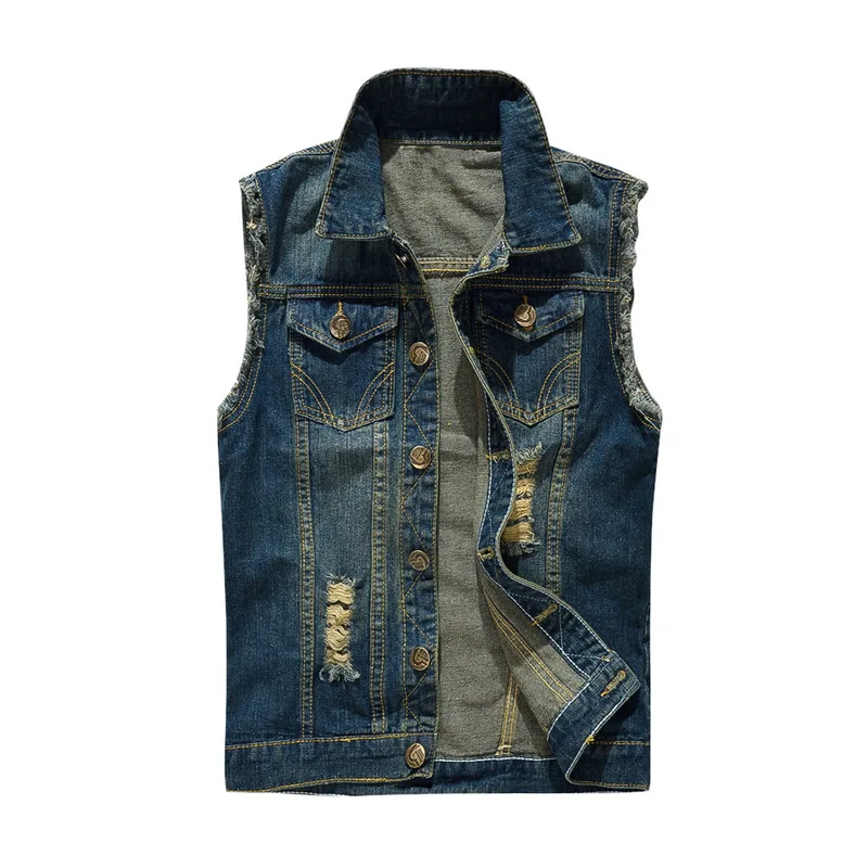 Men's Sleeveless Jeans Jacket Vest Coats Autumn Cowboy Waist Coat Denim Jeans Vest Hip Hop Streetwears Pocket Fashion Vest