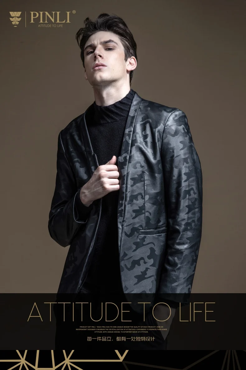 Модный повседневный мужской осенний приталенный черный костюм с камуфляжным принтом пиджак блейзер B193306227