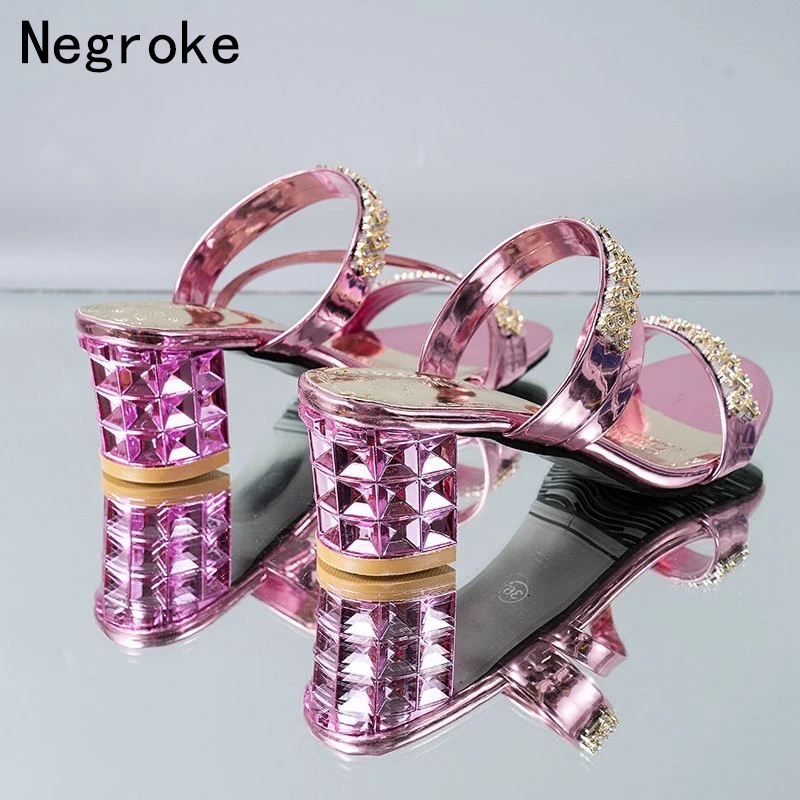 

Women Sandals Sexy Shiny Crystal Sandals Ladies High Heels Slippers Candy Open Toe Thick Heel Fashion Female Slides Summer Shoes