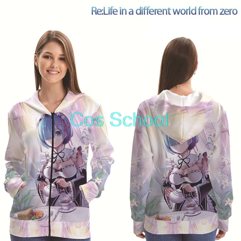 Cos School Rem куртка для косплея Re: Zero Начиная Жизнь в другом мире толстовки Rem костюмы на молнии с капюшоном кардиган пальто