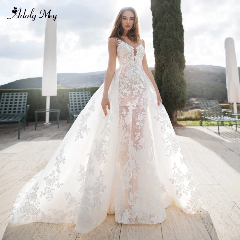 

Adoly Mey New Arrival Scoop Neck Button Lace Mermaid Wedding Dresses 2020 Gorgeous Appliques Detachable Train Trumpet Bride Gown