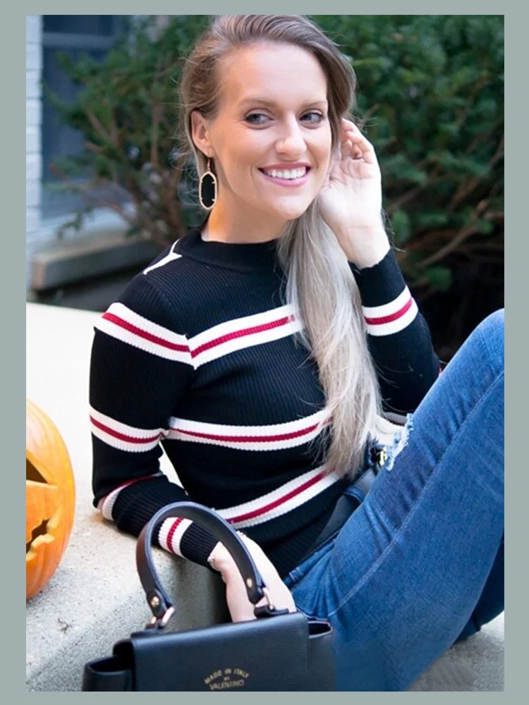 Dotfashion черный контрастный полосатый обтягивающий свитер, Женский Повседневный осенний приталенный пуловер с длинным рукавом и круглым вырезом, женский джемпер