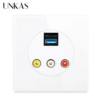 

UNKAS USB 3.0 Jack VIDEO L/R Port Channels 16A Wall Socket 86MM*86MM Multimedia Adapter HD Converter Box USB To VIDEO+FL+FR