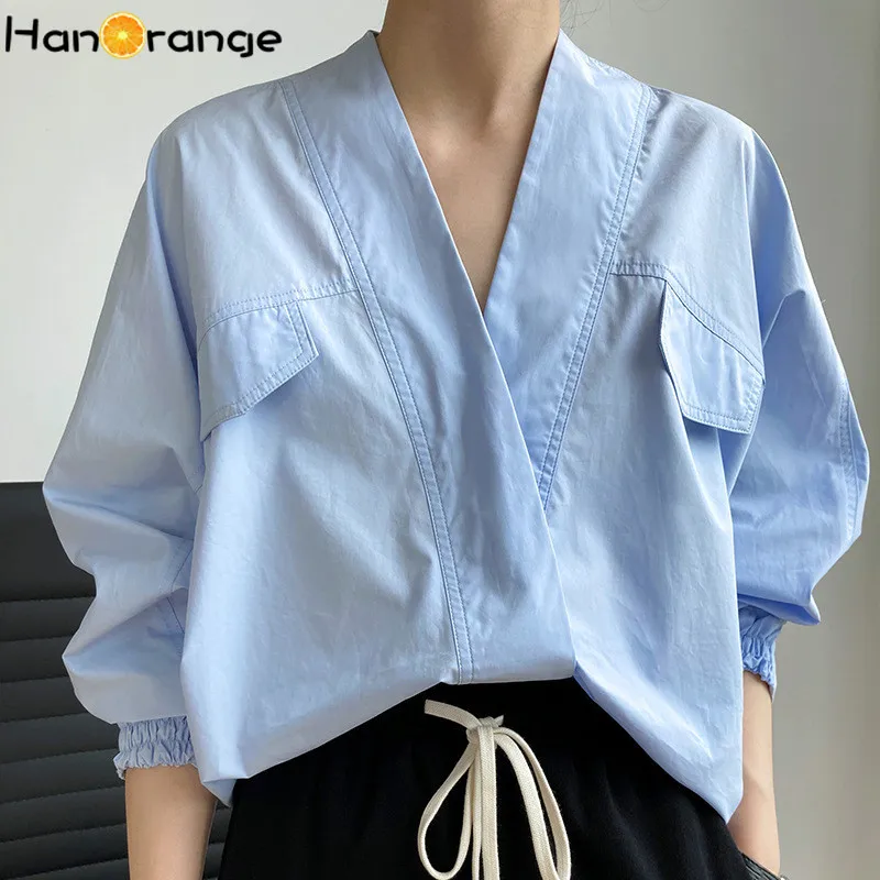 new summer light straight leg pants artistic jeans trendy pants women s washable trendy lazy buttons and versatile options HanOrange 2024 Spring Lazy Style Niche Cotton Loose Bat Sleeve V-neck Shirt Woman Single Row Two Buttons