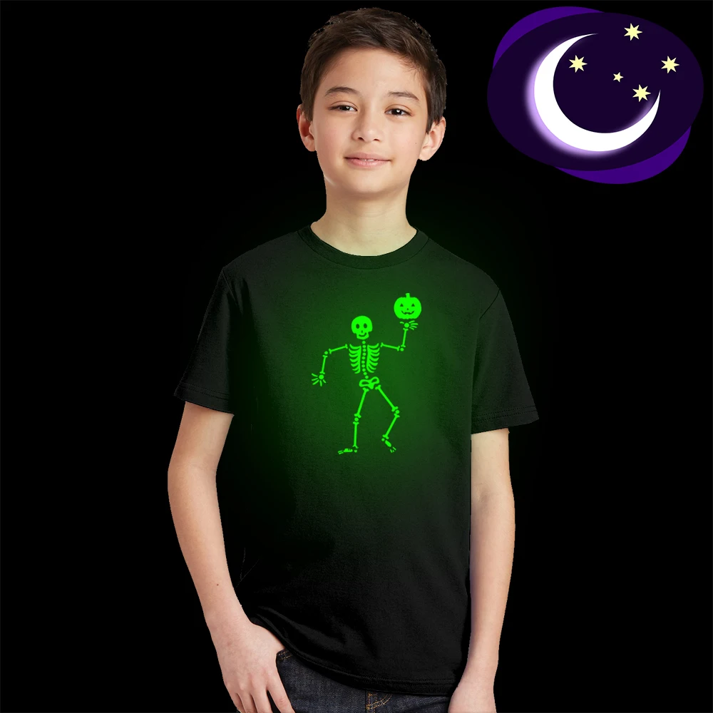 

Kids Skele Skull Pumpkin Luminous T Shirt Children Halloween Party Glow In Dark T-shirts Toddler Funny Fashion Noctilucent Tops