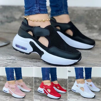 Women's Fashion Air Cushion Sole Flying Woven Hook-And-loop Sneakers Hollow Up Mesh Upper Shoes Zapatos Para Correr 1