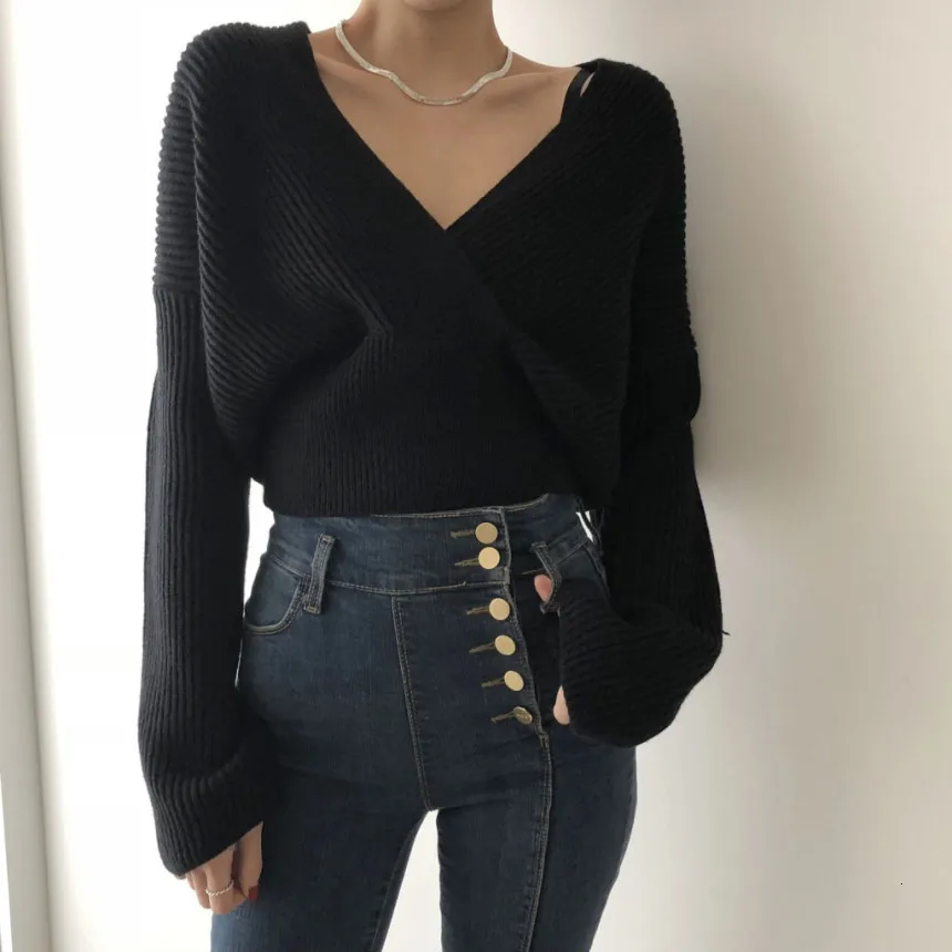 SuperAen Korean Style Women Pullovers Sweaters Autumn and Winter New Ladies Sweaters V Neck Solid Color Casual Tops Female