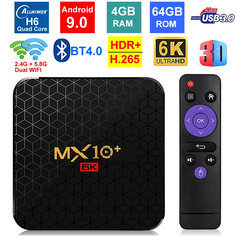 

MX10 PLUS Smart TV BOX Android 9.0 4GB 64GB 6K ULTRA HD Allwinner H6 BT4.0 2.4G/5G Dual WIFI 3D 6K HDR Media Player Set Top Box