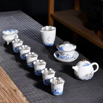 

White Porcelain Silver Plated Blue And White Tea Set Household Cover Bowl Teacup Teapot Fair Kung Fu Green Tea Teaware Gift Box