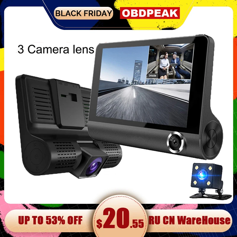  Car DVR 3 Cameras Lens 4.0 Inch HD Dash camera 3 way car Dual Lens With Rear View Camera Video Reco