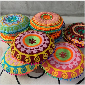 

Handmade Embroidery Round Pillow Home Decor Bohomia Flowers Seat Cushion Decoration Bed Sofa Pillow 40x40cm with Filling