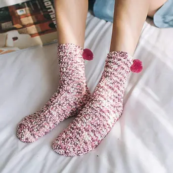 

3 Pairs Winter Warm DIY Cupcake Slipper Socks Fuzzy Coral Velvet Pompom Hosiery Y1AC