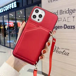 Wallet Case for iPhone 15 12 Mini 11 Pro Max XS Strap Card Shockproof PU Leather Stand Crossbody Necklace Cover For iPhone 13 14