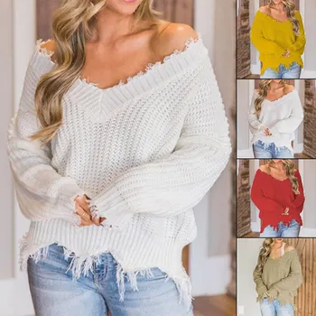 

2020 New Winter Warm Women Sexy Sweater Solid Color V-neck Off Shoulder Long Sleeve Casual Pullovers Sweater Knit Streetwear Top
