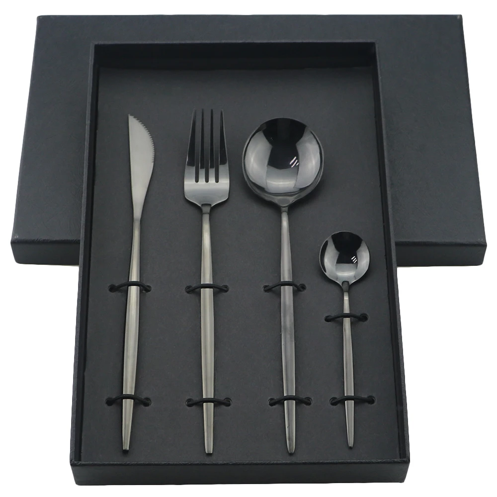 Luxury Cutlery Set Gold Dinnerware Set 18/10 Stainless Steel Tableware Fork Knife Spoon Dinner Set Kitchen Silverware With Box - Цвет: 4Pcs Black