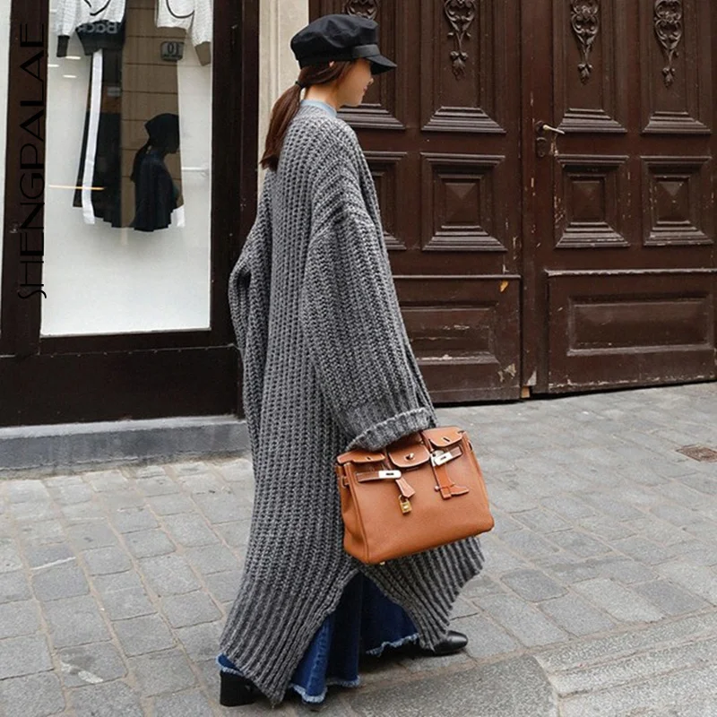 SHENGPALAE New Spring Korea Style Plaid Cardigans Pockets Solid Large Size Long Length Women Loose Sweater Tide FR735 |