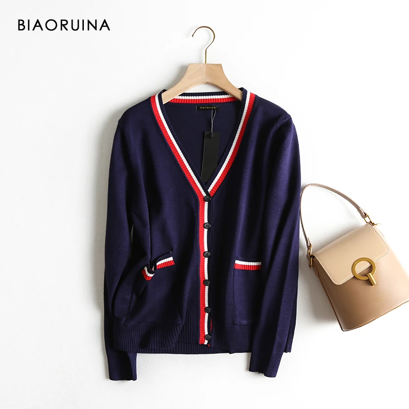 BIAORUINA женский элегантный стиль хит цвет v-образный вырез вязаный кардиган женский однобортный модный свободный свитер в Корейском стиле