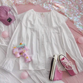 

Early Spring Women Solid color Blouse Long sleeve Girls Student Ruffle Collar Super Fairy Small Fresh Trumpet sleeve Shirt Tops