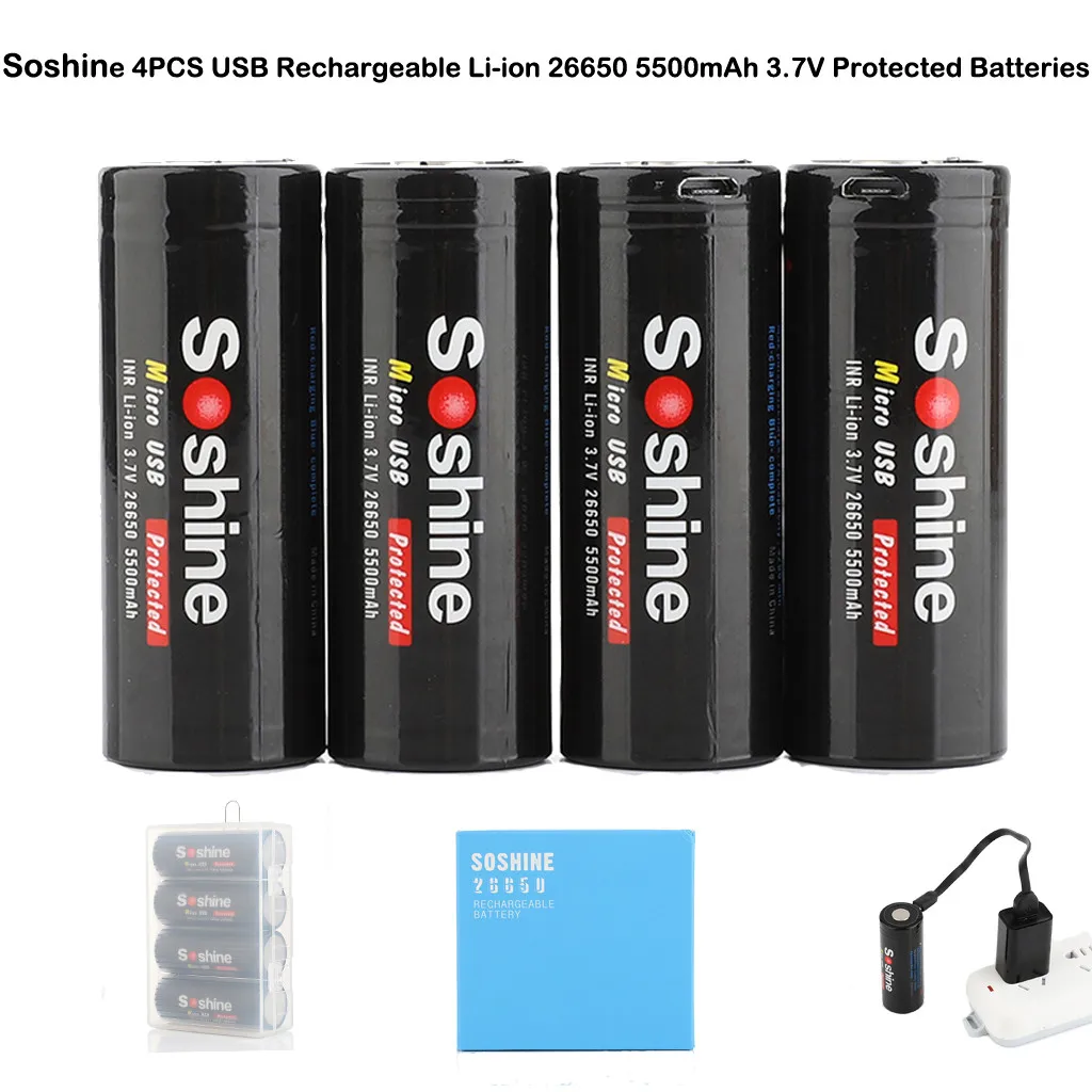 Soshine 4 шт USB литий-ионная аккумуляторная 26650 5500mAh 3,7 V Защищенные батареи