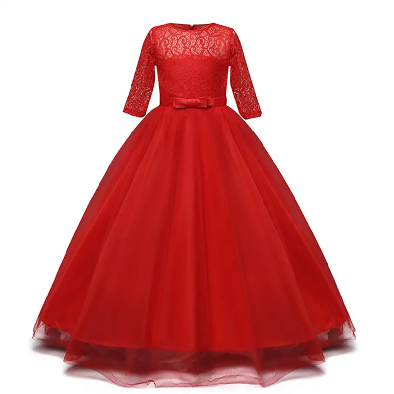 Red 2 Kid Dresses for Girls Wedding Elegant Flower Princess Formal Long Gown Baby Girl Christmas Dress Vestido Infantil 6 12 14 Years - Цвет: Red 2