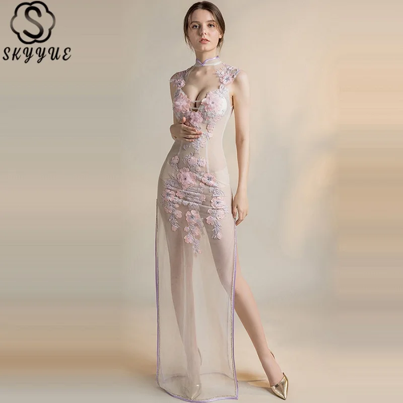 

Skkyue High Collar Formal Dress Hollow Evening Dresses for Women Sleeveless Perspective Dress Embroidery Evening Gown 2019 H050