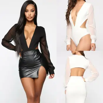 

Fashion Women Sheer Deep V-Neck Hollow Romper Backless Jumpsuit Mesh Sleeve Slim Tops Bodysuits Sexy Streetwear