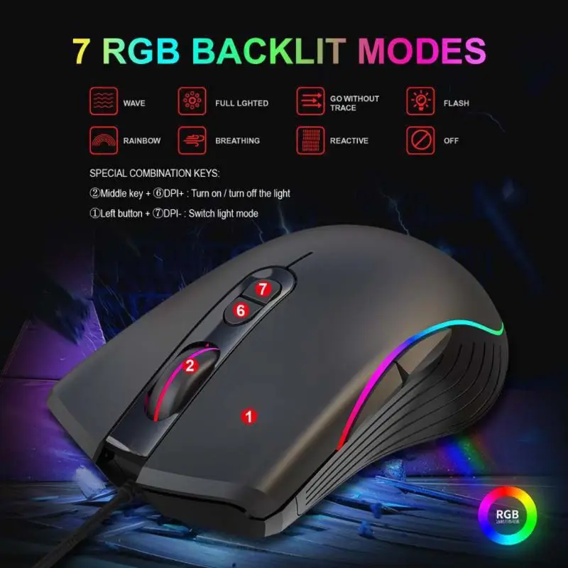 

USB Wired Gaming Mouse RGB Marquee Effect 1000/1600/3200/6400 DPI Adjustable Computer Game Mice