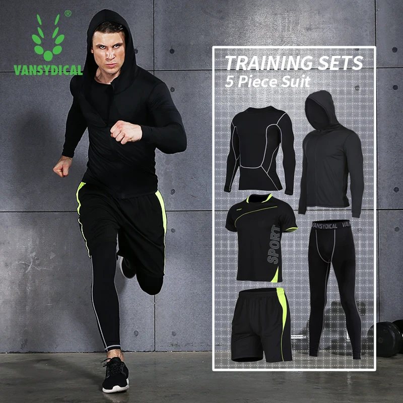 

Vansydical Men Running Suits Compression Tights Shirt Fitness Sports 5pcs Set Tracksuits Gym Jogging Men Running Sportswear