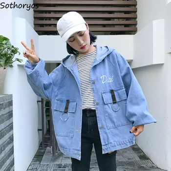 

Jackets Women Hooded Letter Printed Loose Leisure Pockets All-match Korean Style Coats Womens Harajuku Ulzzang Students Jacket