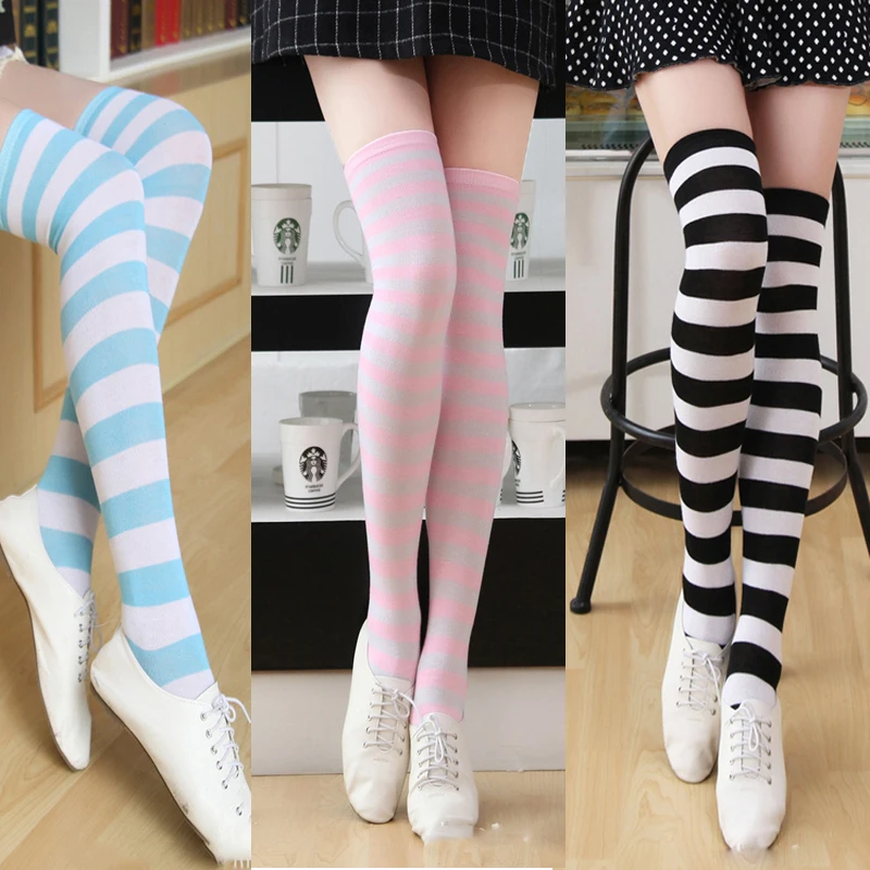 

Autumn Winter Sexy Over Knee Thigh High Lace Top Stockings for Women Female Cotton Warm Tights Striped Stocking Nylon Medias