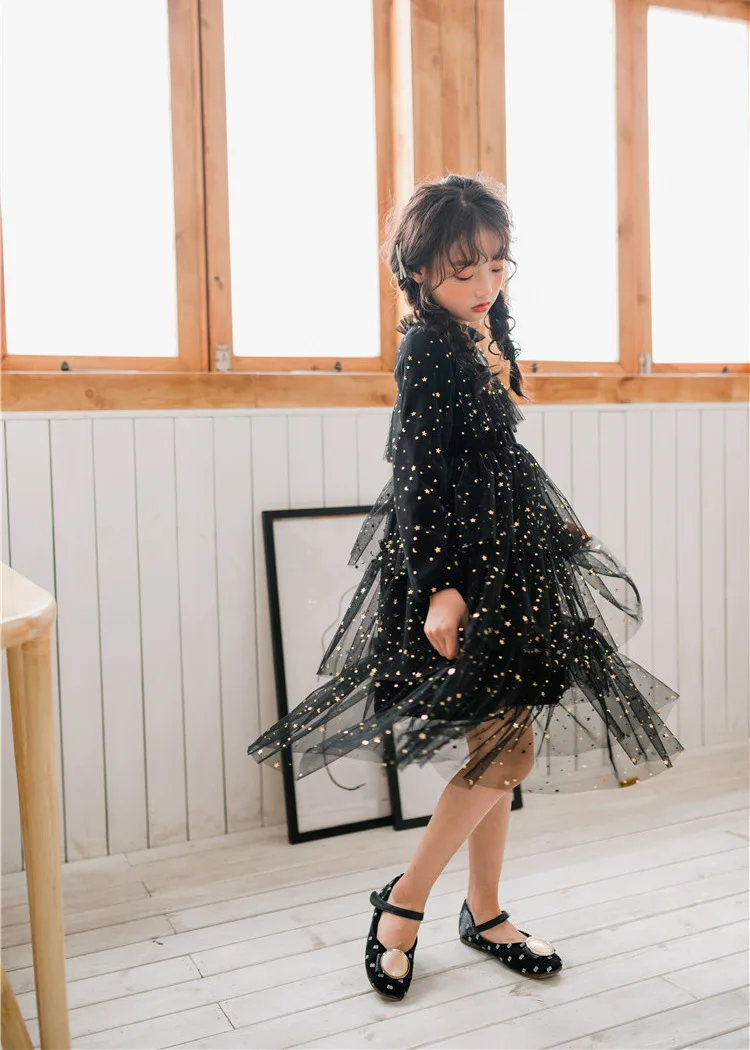 Осенне-зимнее модное корейское Сетчатое платье со звездами для девочек нарядное платье принцессы платье для родителей и детей рождественское платье для девочек