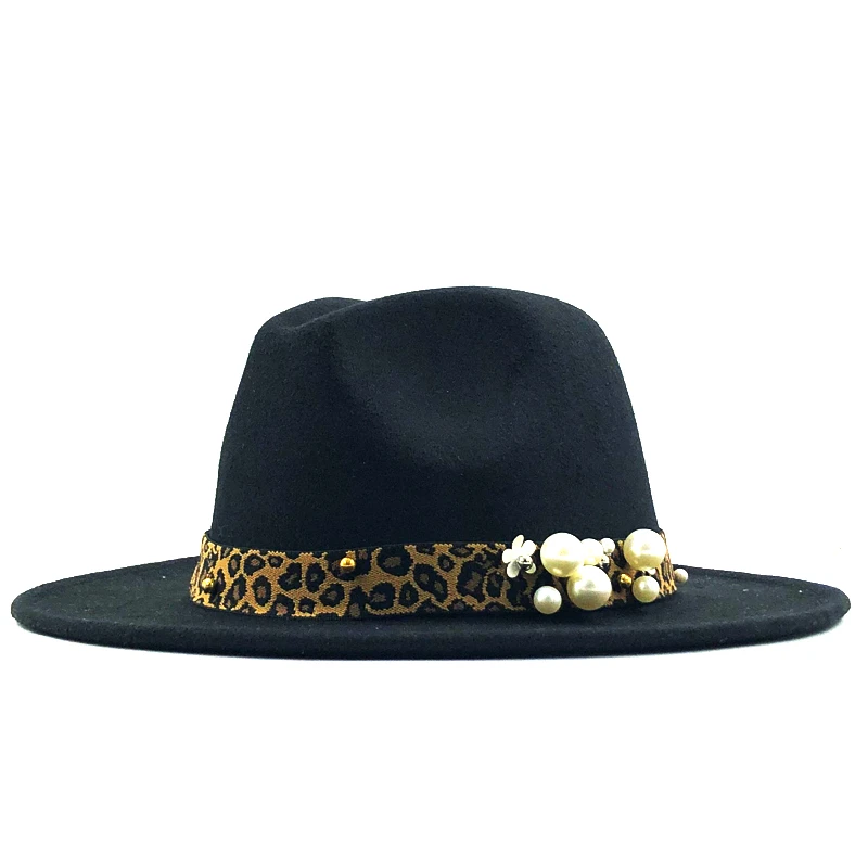 Модная шерстяная Женская Шляпа Fedora для зимы и осени, элегантный гибкий колпак для джазования с полями, размер 56-58 см - Цвет: Black