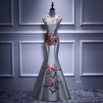 

Chinese Lady Mermaid Cheongsam Dress Exquisite Embroidery Evening Party Gown Appliques Sexy Backless Mermaid Sleeveless Vestidos