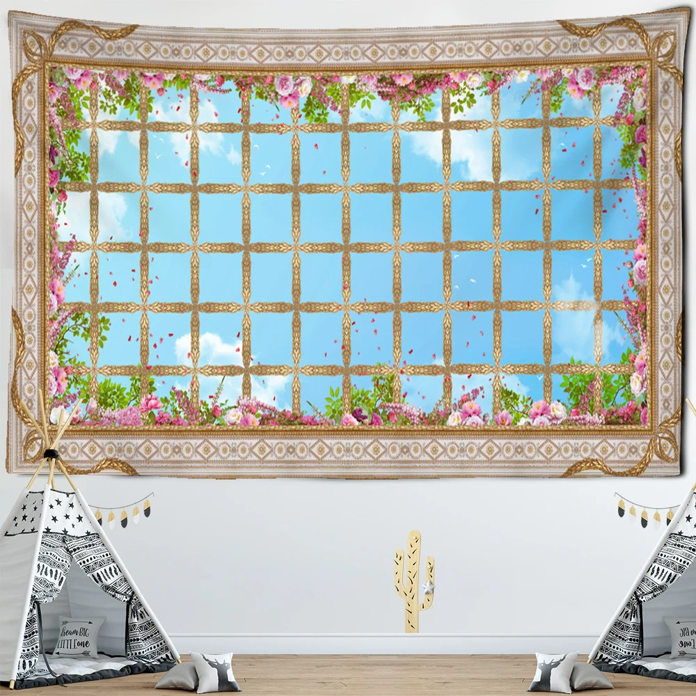 Scenery Outside the Window Tapestry Flower Green Plant Wall Hanging Hippie Mandala Bedspread Bohemian Art Home Decor