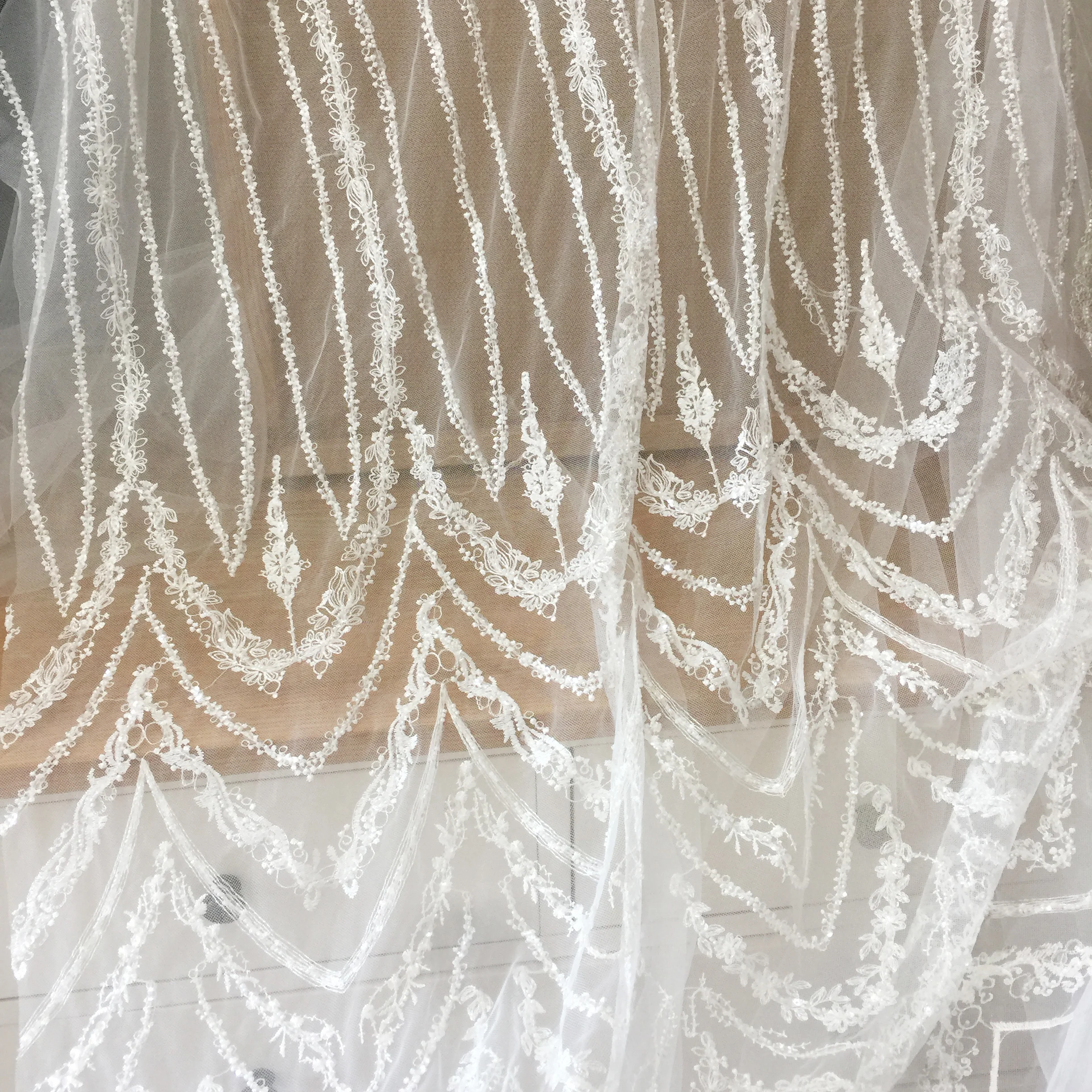 

1 YardLuxury 3D Seed Pearl Beaded Tulle Embroidery Lace Fabric, Stripe Retro Couture Dress Bridal Gown Wedding Lace by Yard