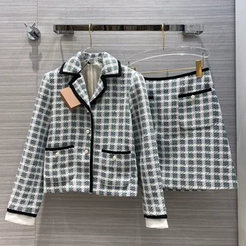 

2020 autumn winter women plaid tweed 2 pieces set pearls buttons pockets short blazer coat + mini skirt OL skirt suit set S84