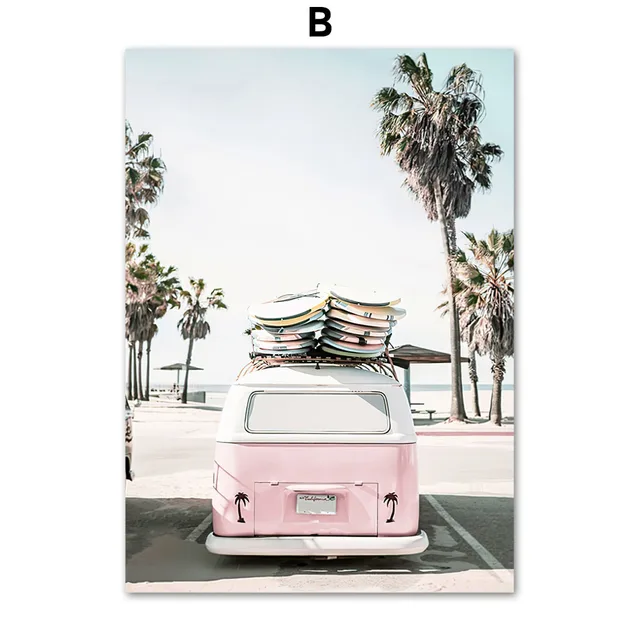 Beach Surf Girl Surfboards Van Palm Leaf Turtle Nordic Poster Wall Art Print Canvas Painting Wall Pictures For Living Room Decor B