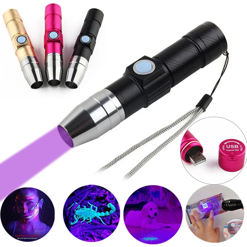 

Flashlight USB Rechargeable UV Lamp 3 Mode 365nm Ultraviolet Mini UV LED Fluorescent Jade Money Detector UV Curing Light UV LED