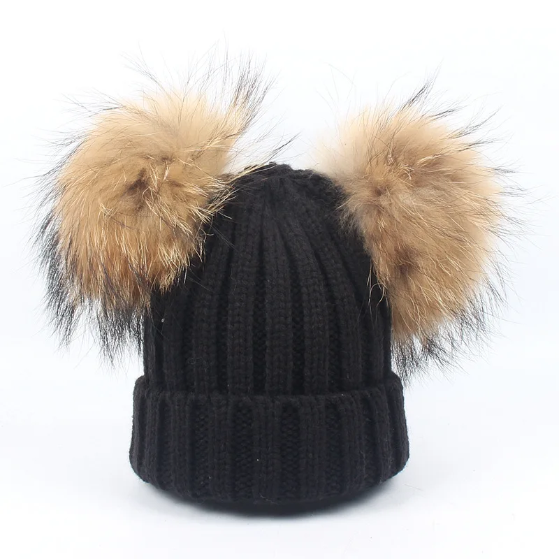 2021 New double natural Pom Poms hat Girls Boys Winter Warm Fur Pompom Ball Knitted Beanies Hat Skullies Beanies Cotton Bonnet 