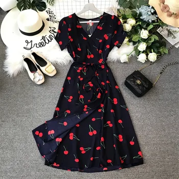 

Boho Sexy V Neck Slim Summer Vintage Print Fruit Midi Long Chiffon Dress Party Women Casual Bohemian Beach Holiday Tie Vestidos