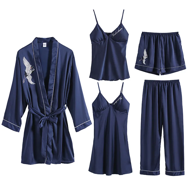 blue set Fiklyc нижнее белье, 5 шт., женские сексуальные пижамы с принтом крана, атласный Халат+ топ+ короткие штаны+ ночная рубашка+ длинные штаны - Цвет: blue set