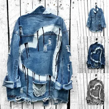 

[EWQ] 2020 Spring Autumn New Lapel Long Sleeve Hole Patchwork Denim Holes Heart Print High Street Jacket Women Coat 3AJ540