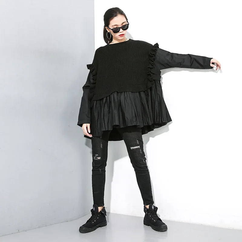 Oversize batwing sleeve loose pullover shirt for women spring autumn vintage ruffle pathcwork pleated top femenino