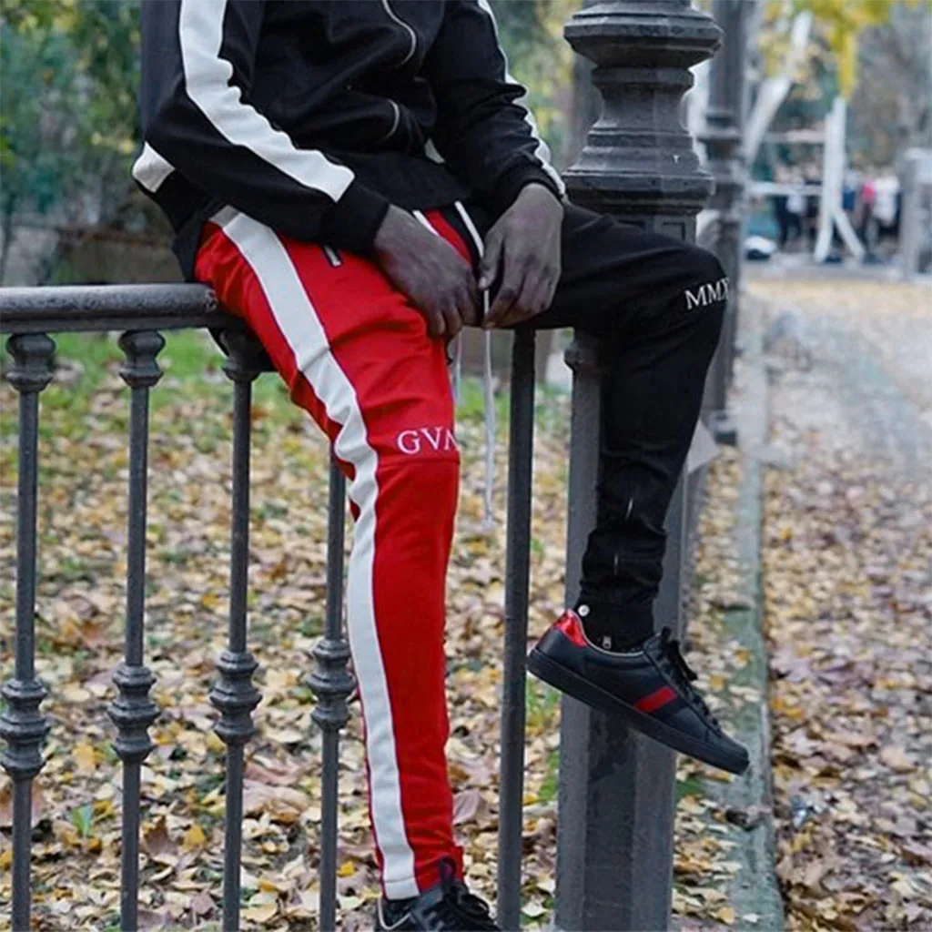 Cotton Mens Long Color Block Street Patchwork Zippers Elastic hip pop Casual Pencil Pant Sweatpants Trousers Jogger Pants