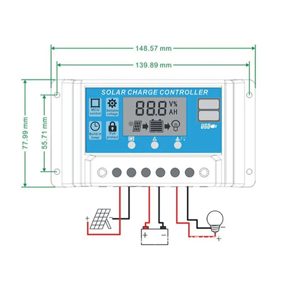 Контроллер заряда солнечной батареи 10A 20A 30A 12 В 24 режимы Auto PWM LCD Dual USB 5 выход панели