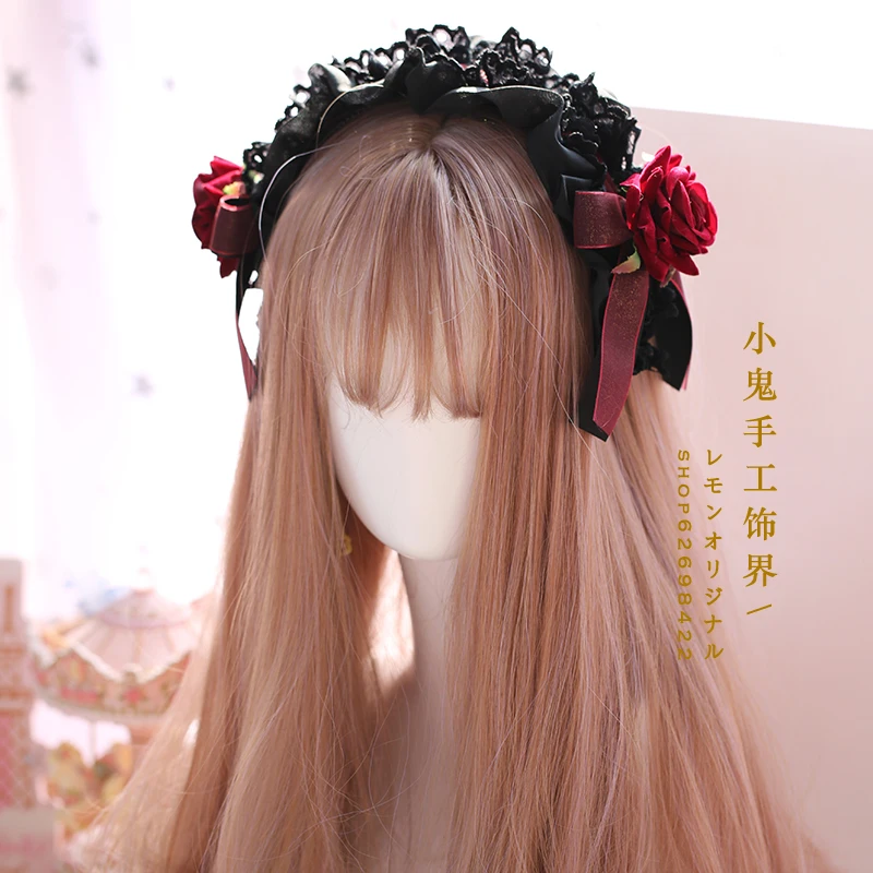 

Dark hand made lolita kc gorgeous bow headband wine red rose Lolita headband Cosplay show