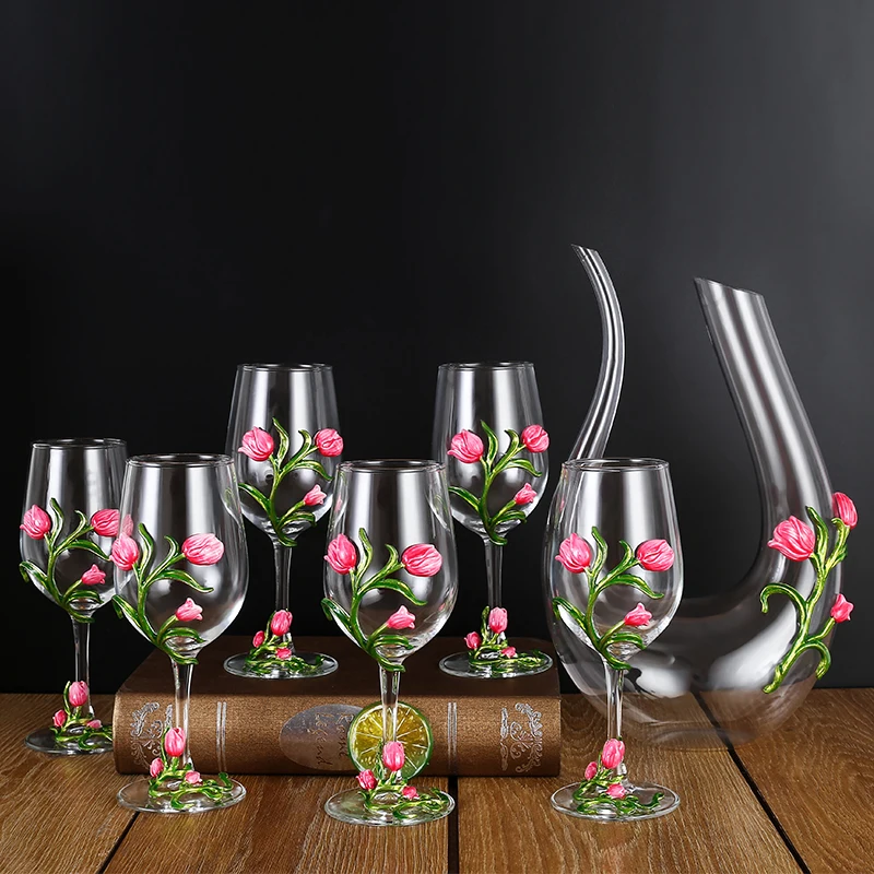 

Luxury Enamelwork Tulip Wine Cup Decanter Set European Household Crystal Glass Wine Cup